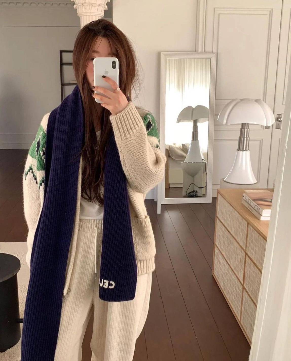 Celine 海軍藍羅紋羊毛圍巾