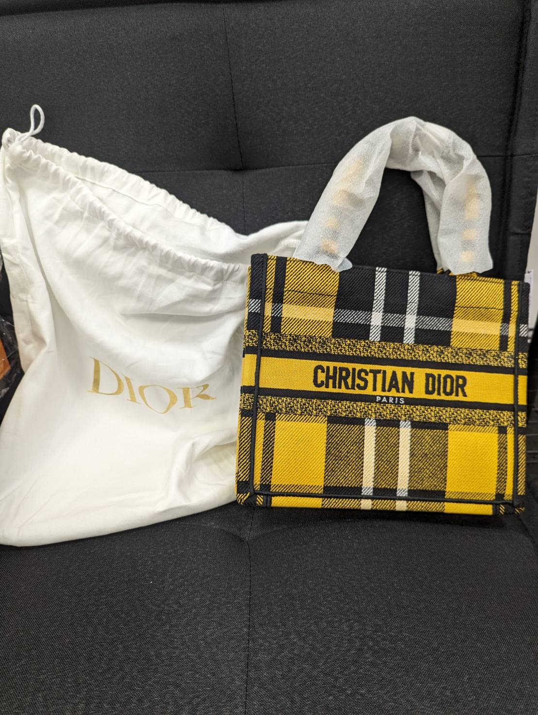 Christian Dior 帆布刺繡小格紋書本托特包