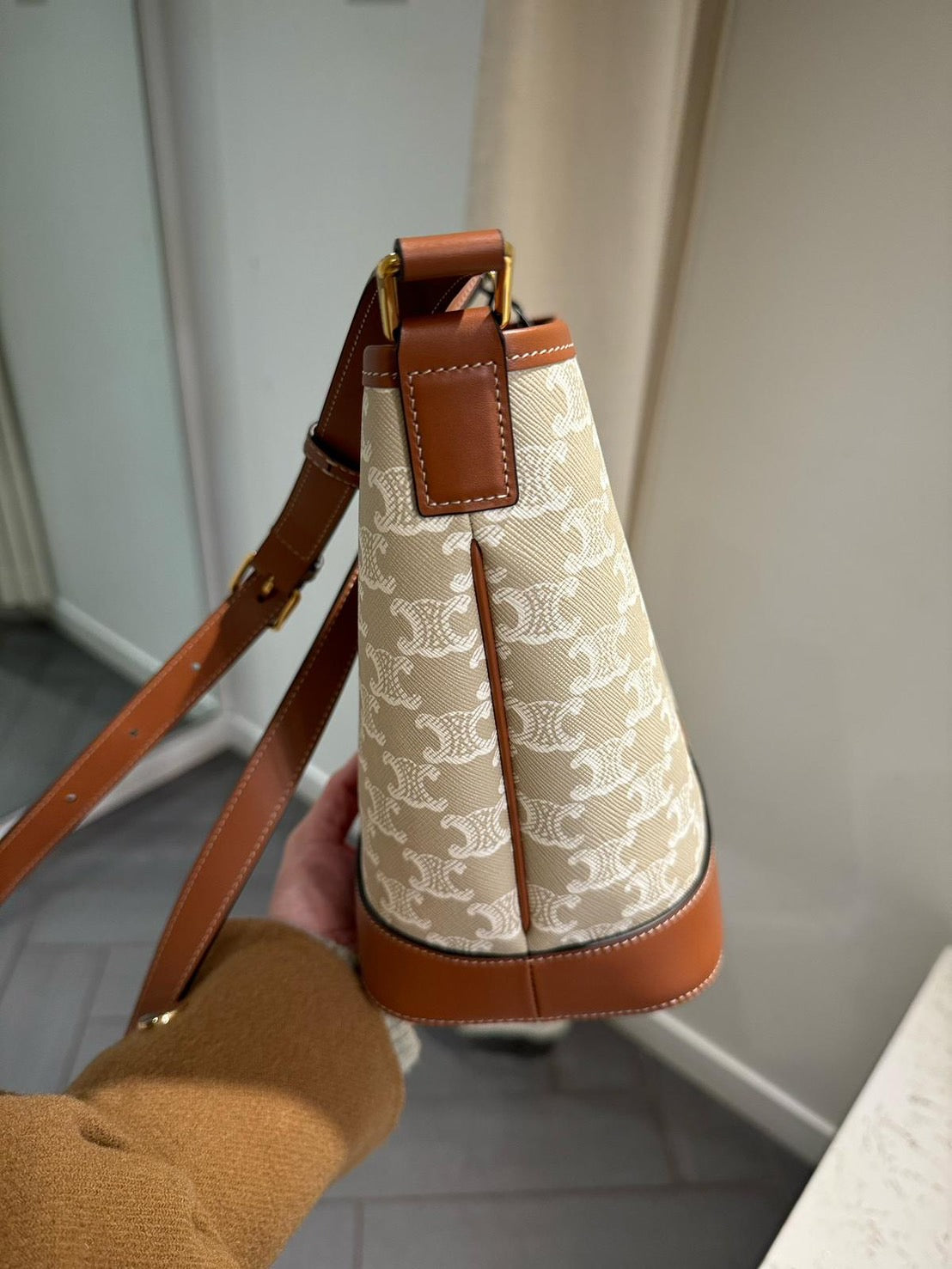 Celine Triomphe 帆布與小牛皮小水桶包