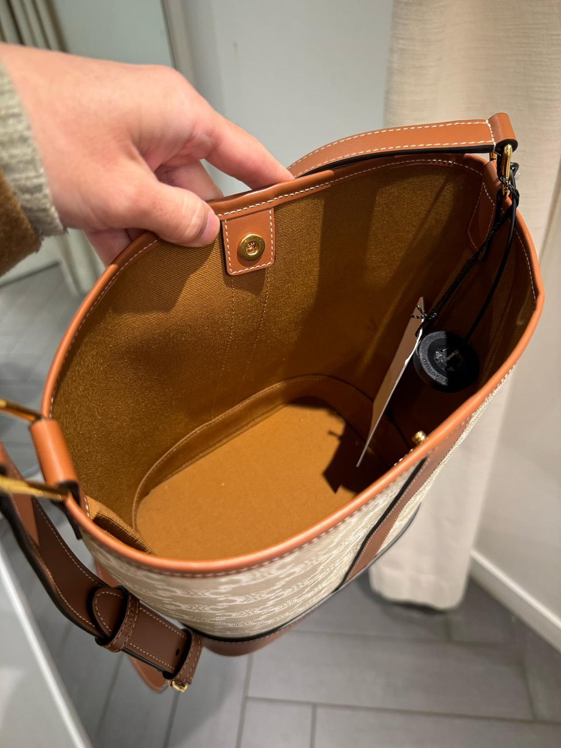 Celine Triomphe 帆布與小牛皮小水桶包
