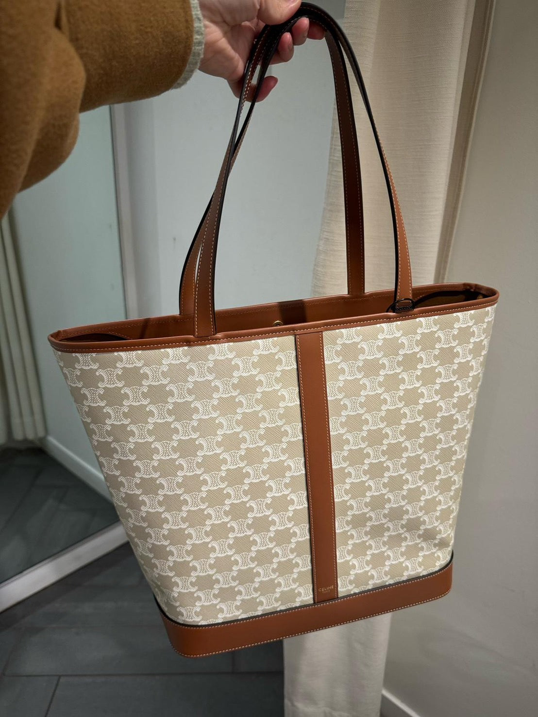 Celine 中型 Triomphe 帆布和小牛皮水桶包