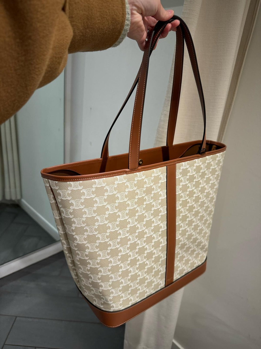 Celine 中型 Triomphe 帆布和小牛皮水桶包